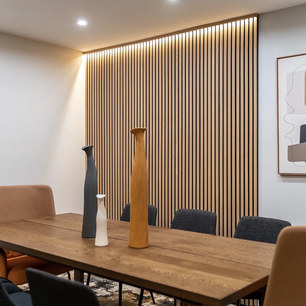 Finished slatted feature wall in dining area